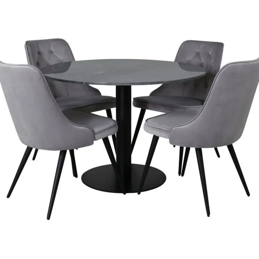 Ruokailuryhmä Venture Home, ⌀106cm musta Estelle-pöytä + 4 Velvet Deluxe -tuolia, sametti
