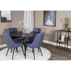Ruokailuryhmä Venture Home, ⌀115cm musta Dipp-pöytä + 4 sinistä Velvet Deluxe -tuolia