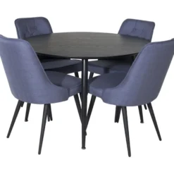 Ruokailuryhmä Venture Home, ⌀115cm musta Dipp-pöytä + 4 sinistä Velvet Deluxe -tuolia