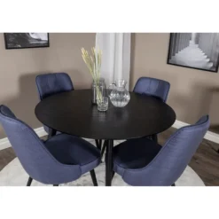 Ruokailuryhmä Venture Home, ⌀115cm musta Dipp-pöytä + 4 sinistä Velvet Deluxe -tuolia