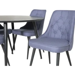 Ruokailuryhmä Venture Home, ⌀115cm musta Dipp-pöytä + 4 sinistä Velvet Deluxe -tuolia