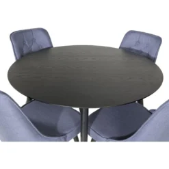 Ruokailuryhmä Venture Home, ⌀115cm musta Dipp-pöytä + 4 sinistä Velvet Deluxe -tuolia