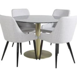 Ruokailuryhmä Venture Home, ⌀106cm musta/messinki Estelle-pöytä + 4 harmaata Plaza-tuolia