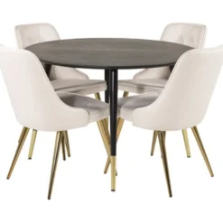 Ruokailuryhmä Venture Home, ⌀115cm musta Dipp-ruokapöytä + 4 Velvet Deluxe -tuolia