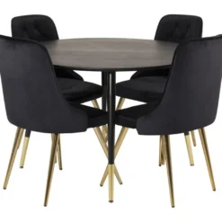 Ruokailuryhmä Venture Home, ⌀115cm musta Dipp-ruokapöytä + 4 Velvet Deluxe -tuolia