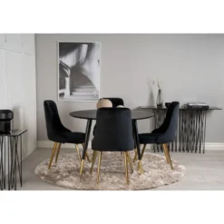 Ruokailuryhmä Venture Home, ⌀115cm musta Dipp-ruokapöytä + 4 Velvet Deluxe -tuolia