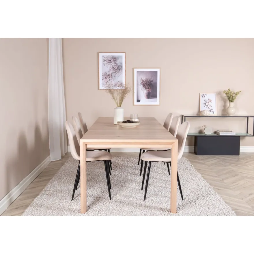 Ruokailuryhmä Venture Home, jatkettava beige Slider-pöytä + 6 beigeä Polar-tuolia, sametti