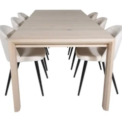 Ruokailuryhmä Venture Home, jatkettava beige Slider-pöytä + 6 beigeä Velvet-tuolia, sametti