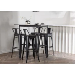 Ruokailuryhmä Venture Home, musta Rax-baaripöytä + 4 mustaa Tempe Flat -baarituolia