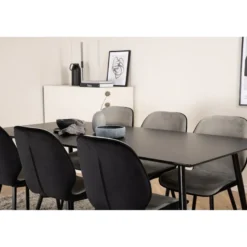 Ruokailuryhmä Venture Home, 180x90cm musta Silar-pöytä + 6 musta-harmaata Emma-tuolia, sametti