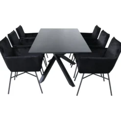 Ruokailuryhmä Venture Home, 180x90cm musta Piazza-pöytä + 6 mustaa Petra-tuolia, sametti