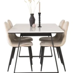 Ruokailuryhmä Venture Home, 140x90cm valkoinen Estelle-pöytä + 4 beigeä Polar-tuolia, sametti