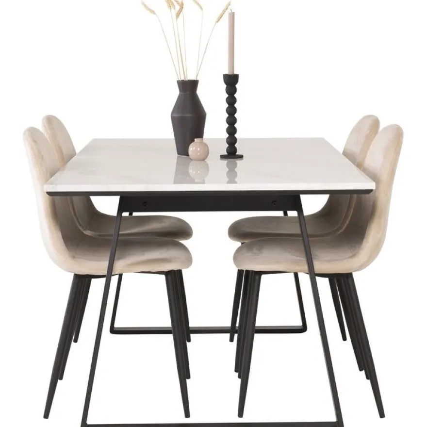 Ruokailuryhmä Venture Home, 140x90cm valkoinen Estelle-pöytä + 4 beigeä Polar-tuolia, sametti
