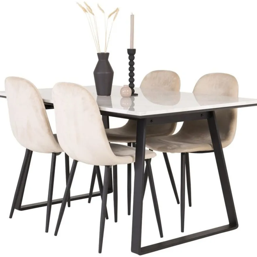 Ruokailuryhmä Venture Home, 140x90cm valkoinen Estelle-pöytä + 4 beigeä Polar-tuolia, sametti