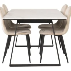Ruokailuryhmä Venture Home, 140x90cm valkoinen Estelle-pöytä + 4 beigeä Polar-tuolia, sametti
