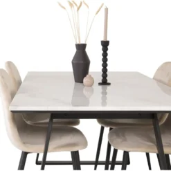 Ruokailuryhmä Venture Home, 140x90cm valkoinen Estelle-pöytä + 4 beigeä Polar-tuolia, sametti
