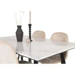 Ruokailuryhmä Venture Home, 140x90cm valkoinen Estelle-pöytä + 4 beigeä Polar-tuolia, sametti