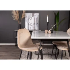 Ruokailuryhmä Venture Home, 140x90cm valkoinen Estelle-pöytä + 4 beigeä Polar-tuolia, sametti