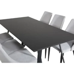 Ruokailuryhmä Venture Home, 180x90cm musta Marina-pöytä + 6 vaaleanharmaata Leone-tuolia, vakosametti