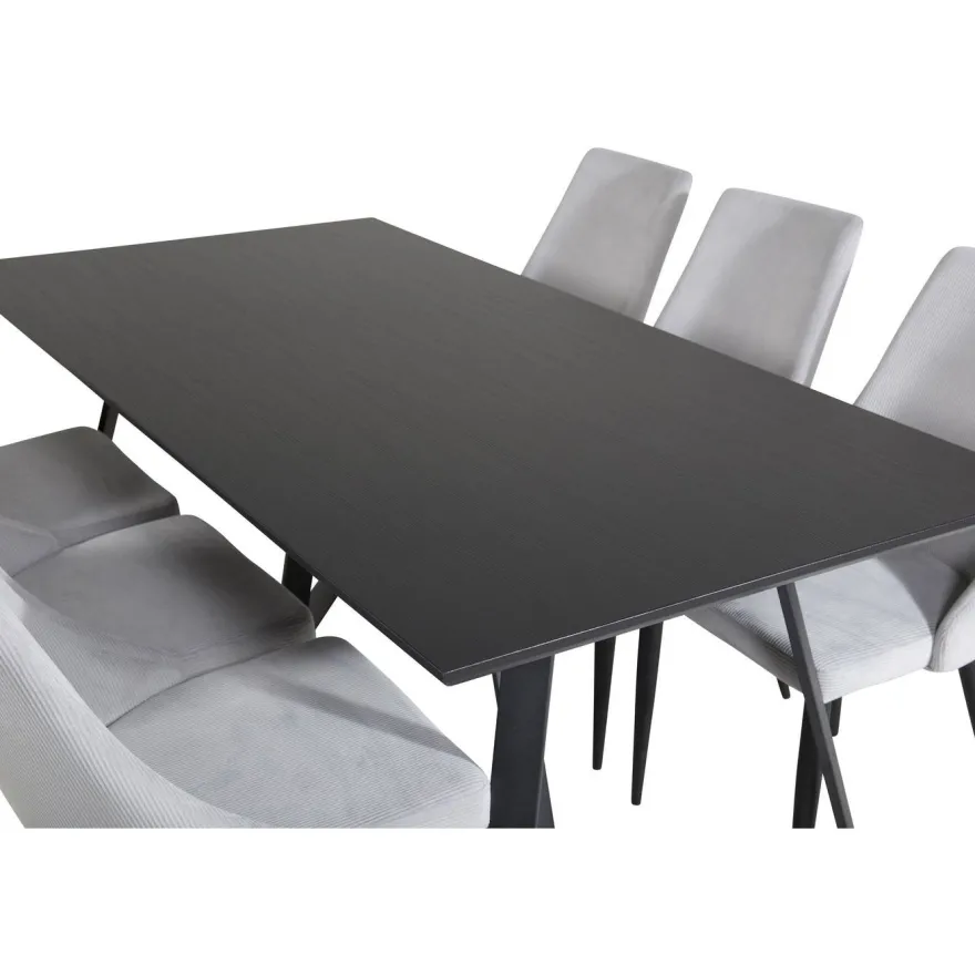 Ruokailuryhmä Venture Home, 180x90cm musta Marina-pöytä + 6 vaaleanharmaata Leone-tuolia, vakosametti