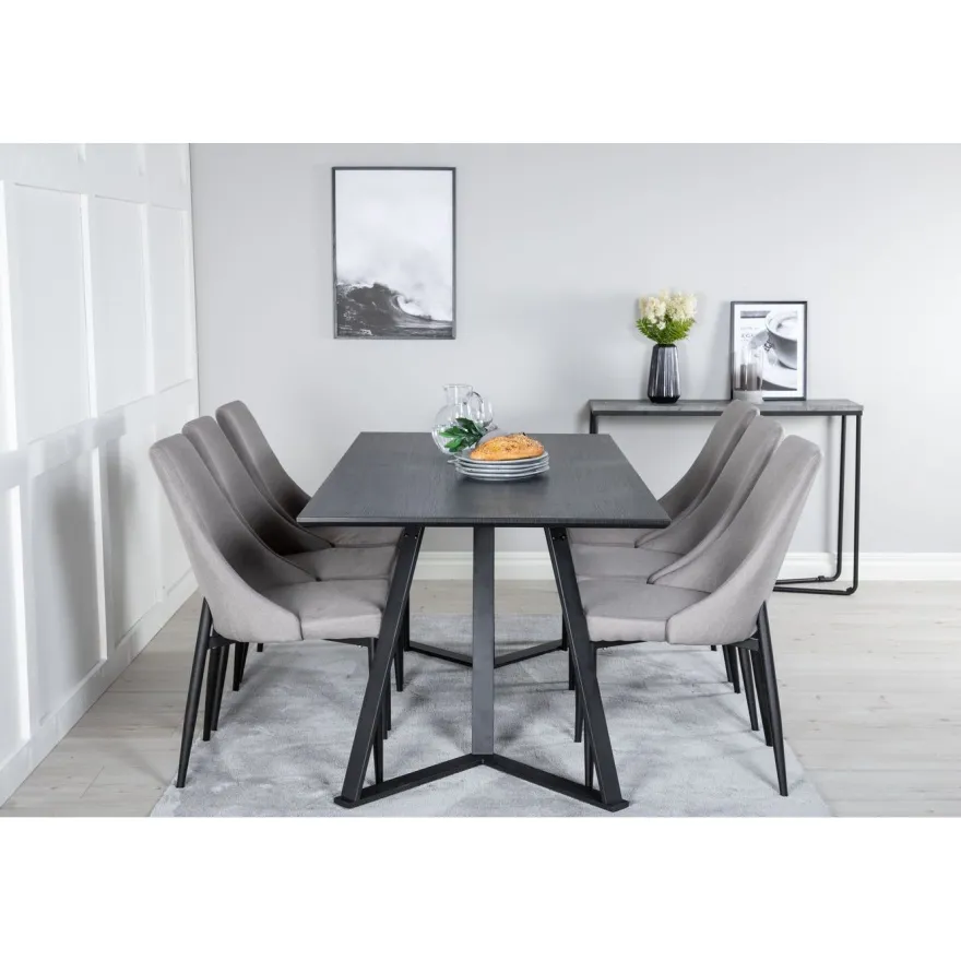 Ruokailuryhmä Venture Home, 180x90cm musta Marina-pöytä + 6 vaaleanharmaata Leone-tuolia, vakosametti