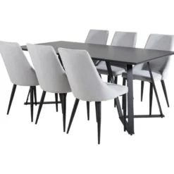 Ruokailuryhmä Venture Home, 180x90cm musta Marina-pöytä + 6 vaaleanharmaata Leone-tuolia, vakosametti