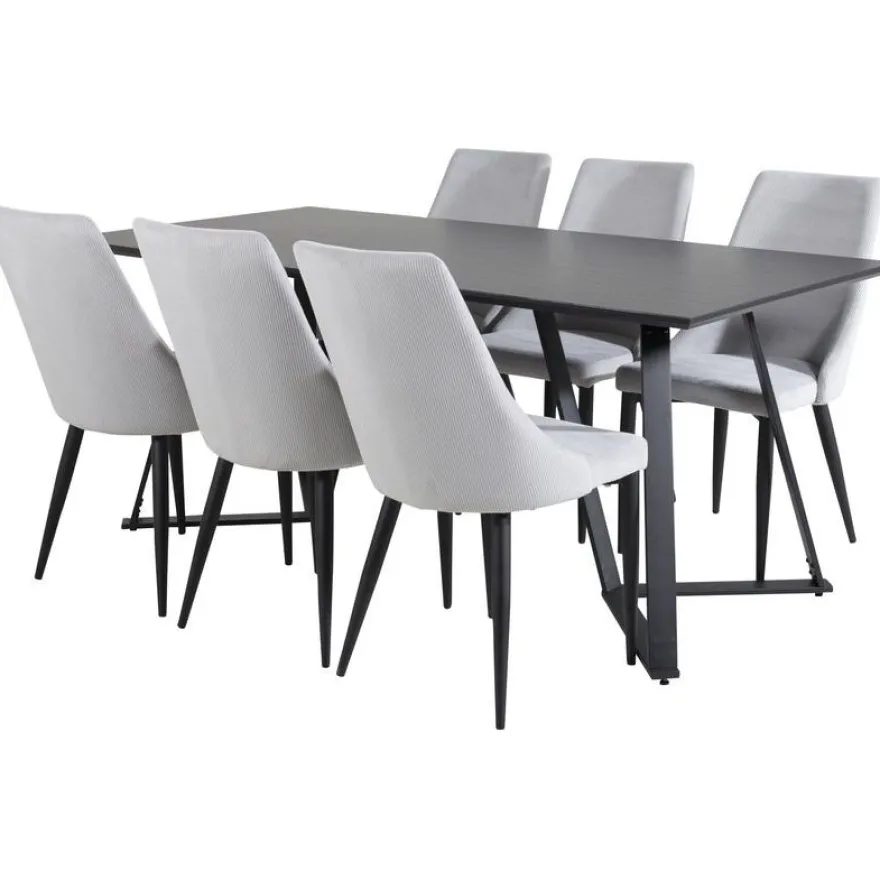 Ruokailuryhmä Venture Home, 180x90cm musta Marina-pöytä + 6 vaaleanharmaata Leone-tuolia, vakosametti