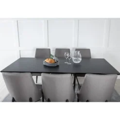 Ruokailuryhmä Venture Home, 180x90cm musta Marina-pöytä + 6 vaaleanharmaata Leone-tuolia, vakosametti
