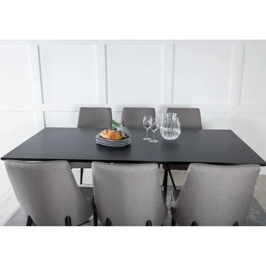 Ruokailuryhmä Venture Home, 180x90cm musta Marina-pöytä + 6 vaaleanharmaata Leone-tuolia, vakosametti