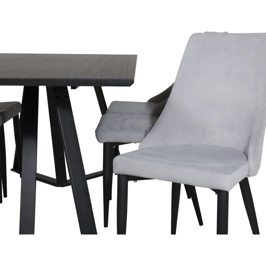 Ruokailuryhmä Venture Home, 180x90cm musta Marina-pöytä + 6 vaaleanharmaata Leone-tuolia, vakosametti