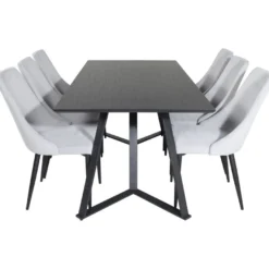 Ruokailuryhmä Venture Home, 180x90cm musta Marina-pöytä + 6 vaaleanharmaata Leone-tuolia, vakosametti