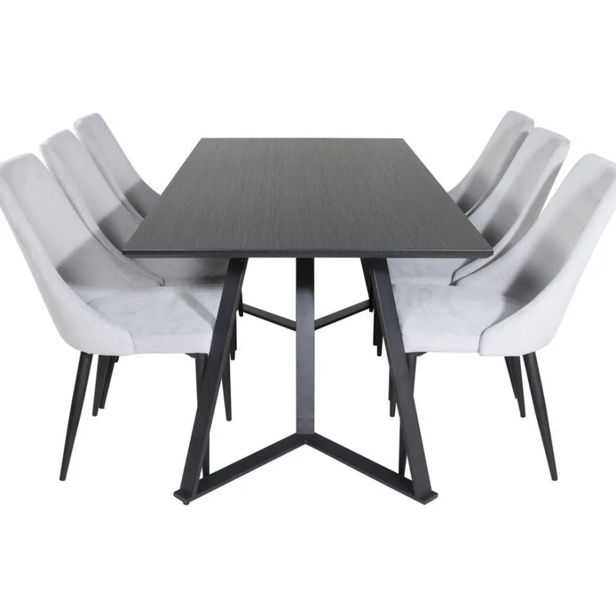Ruokailuryhmä Venture Home, 180x90cm musta Marina-pöytä + 6 vaaleanharmaata Leone-tuolia, vakosametti