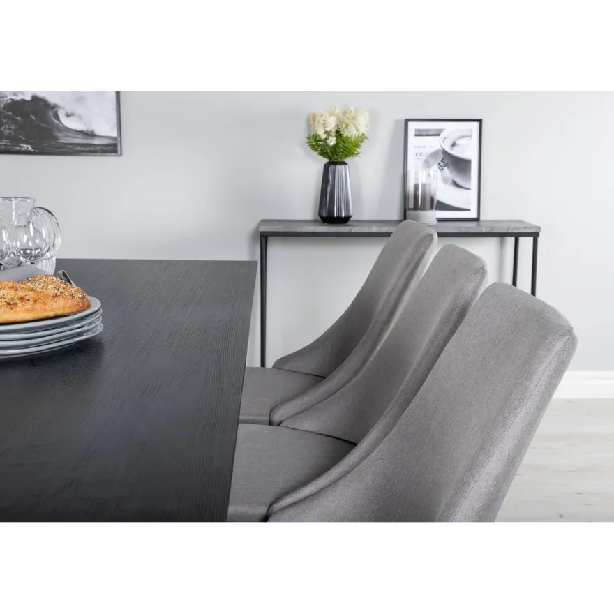 Ruokailuryhmä Venture Home, 180x90cm musta Marina-pöytä + 6 vaaleanharmaata Leone-tuolia, vakosametti