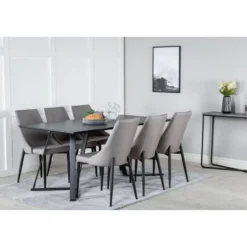 Ruokailuryhmä Venture Home, 180x90cm musta Marina-pöytä + 6 vaaleanharmaata Leone-tuolia, vakosametti