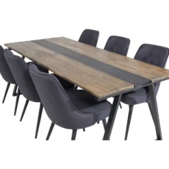 Ruokailuryhmä Venture Home, 200x90cm Jakarta-pöytä + 6 mustaa Velvet Deluxe -tuolia