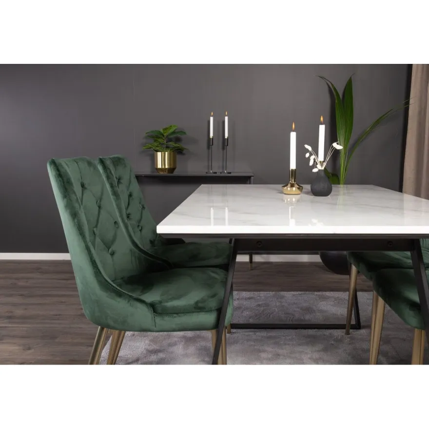 Ruokailuryhmä Venture Home, 140x90cm valkoinen Estelle-pöytä + 4 Velvet Deluxe -tuolia, sametti