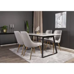 Ruokailuryhmä Venture Home, 140x90cm valkoinen Estelle-pöytä + 4 Velvet Deluxe -tuolia, sametti
