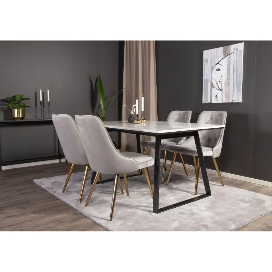 Ruokailuryhmä Venture Home, 140x90cm valkoinen Estelle-pöytä + 4 Velvet Deluxe -tuolia, sametti