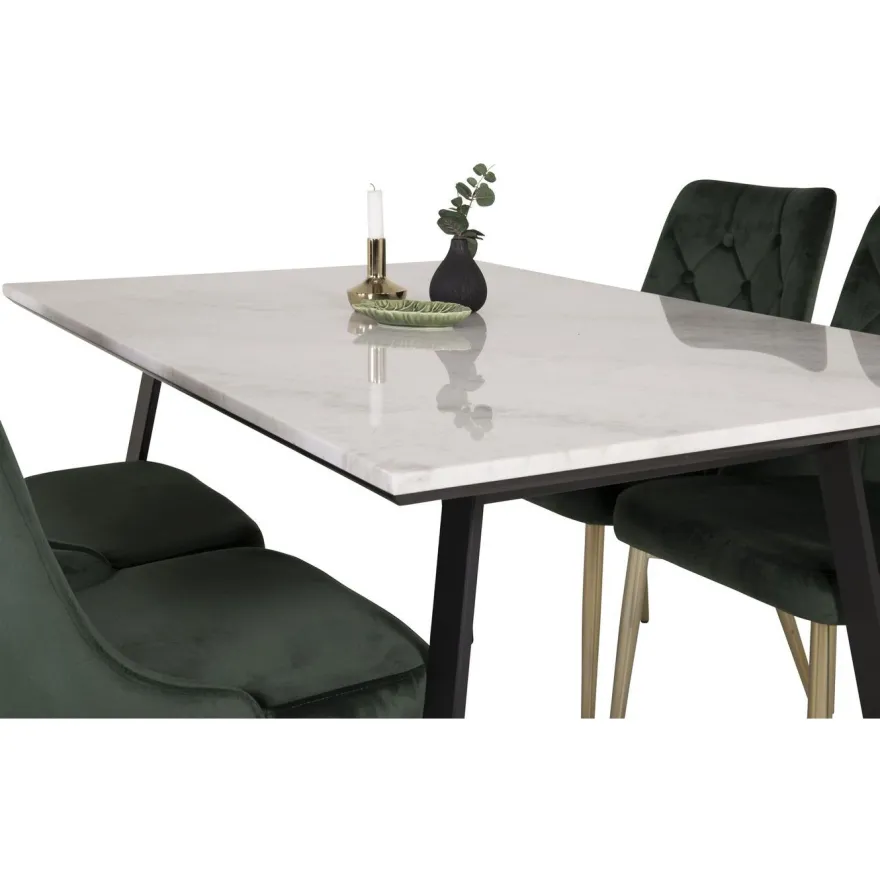Ruokailuryhmä Venture Home, 140x90cm valkoinen Estelle-pöytä + 4 Velvet Deluxe -tuolia, sametti