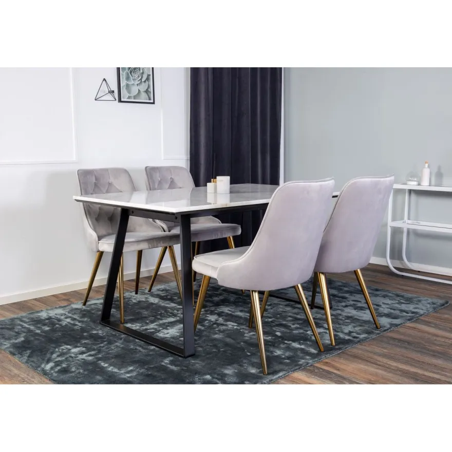 Ruokailuryhmä Venture Home, 140x90cm valkoinen Estelle-pöytä + 4 Velvet Deluxe -tuolia, sametti