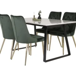 Ruokailuryhmä Venture Home, 140x90cm valkoinen Estelle-pöytä + 4 Velvet Deluxe -tuolia, sametti
