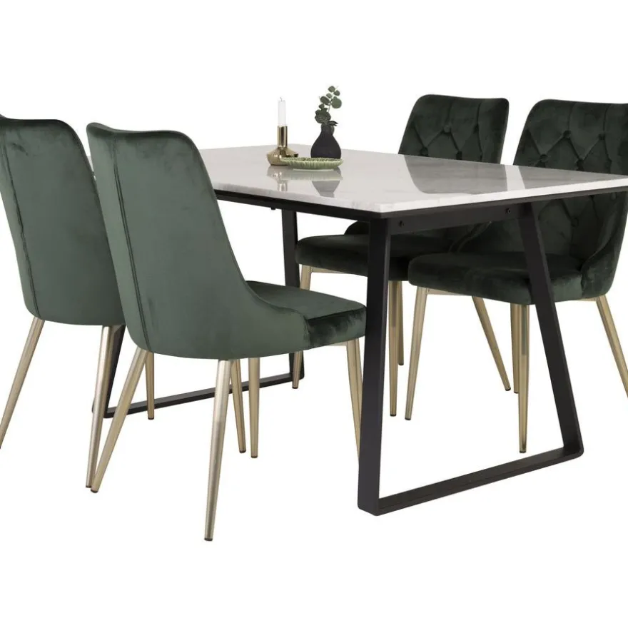 Ruokailuryhmä Venture Home, 140x90cm valkoinen Estelle-pöytä + 4 Velvet Deluxe -tuolia, sametti