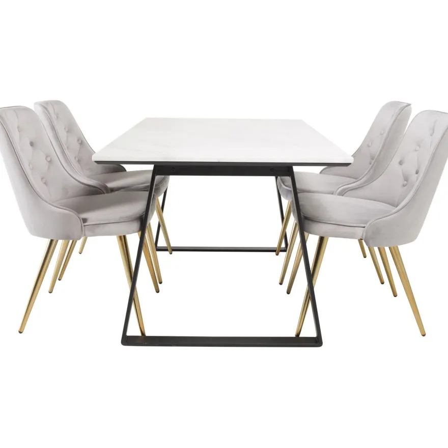 Ruokailuryhmä Venture Home, 140x90cm valkoinen Estelle-pöytä + 4 Velvet Deluxe -tuolia, sametti