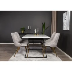 Ruokailuryhmä Venture Home, 140x90cm valkoinen Estelle-pöytä + 4 Velvet Deluxe -tuolia, sametti