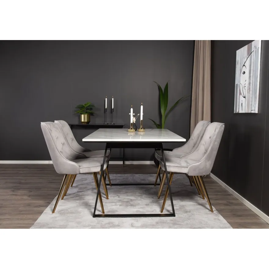 Ruokailuryhmä Venture Home, 140x90cm valkoinen Estelle-pöytä + 4 Velvet Deluxe -tuolia, sametti