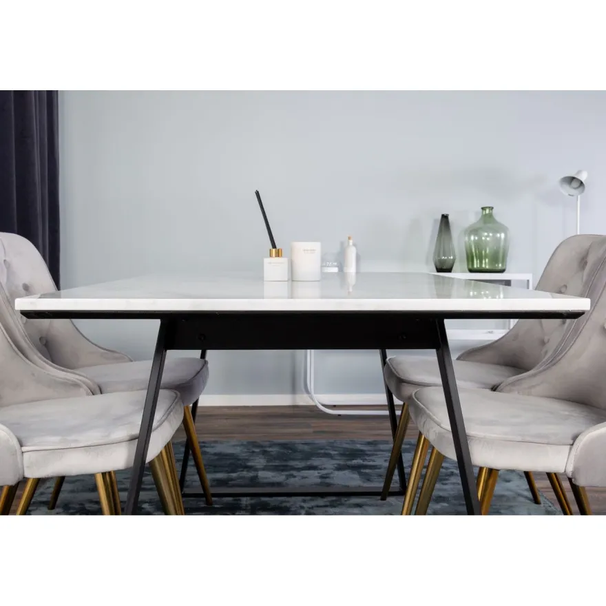 Ruokailuryhmä Venture Home, 140x90cm valkoinen Estelle-pöytä + 4 Velvet Deluxe -tuolia, sametti
