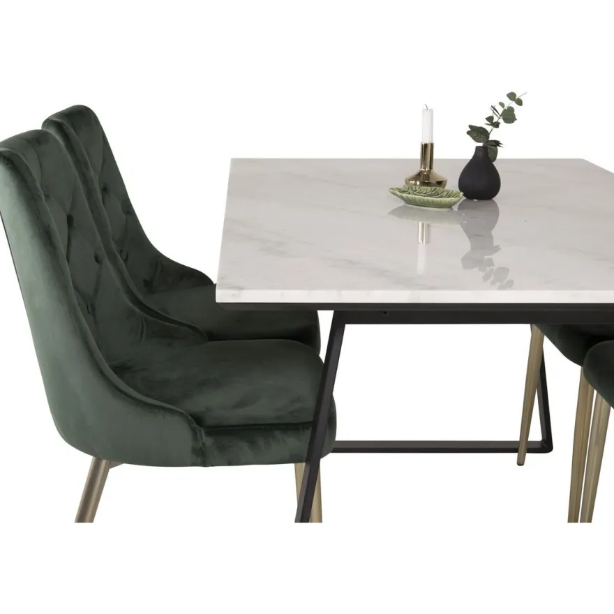 Ruokailuryhmä Venture Home, 140x90cm valkoinen Estelle-pöytä + 4 Velvet Deluxe -tuolia, sametti