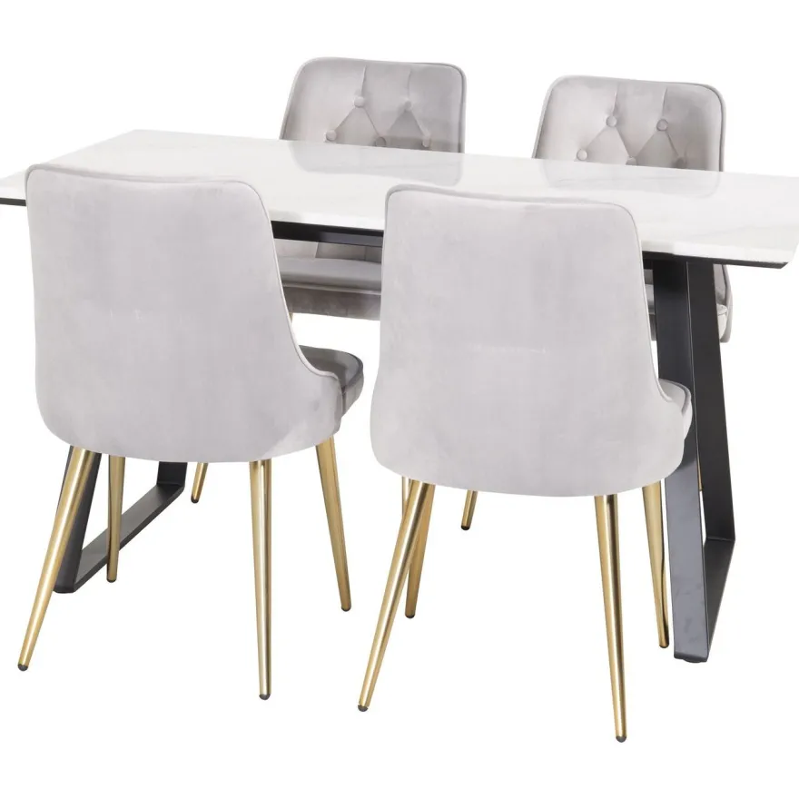Ruokailuryhmä Venture Home, 140x90cm valkoinen Estelle-pöytä + 4 Velvet Deluxe -tuolia, sametti