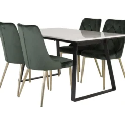Ruokailuryhmä Venture Home, 140x90cm valkoinen Estelle-pöytä + 4 Velvet Deluxe -tuolia, sametti