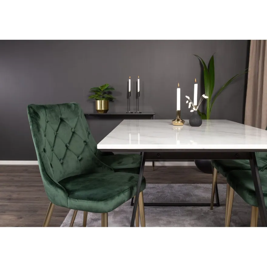 Ruokailuryhmä Venture Home, 140x90cm valkoinen Estelle-pöytä + 4 Velvet Deluxe -tuolia, sametti